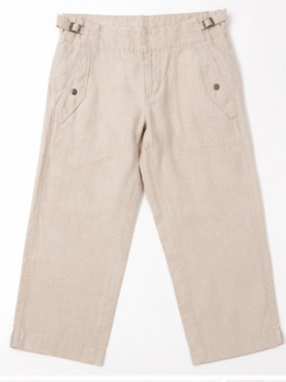 Athleta 100% Linen Cropped Wide Leg Pants Size 4 Beige Adjustable Buckle Pockets